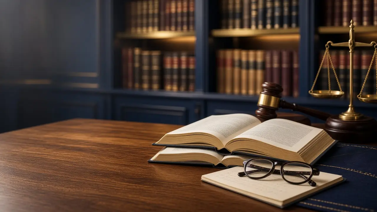 Law books and a gavel on a study desk